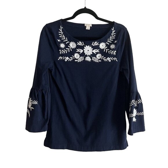 J.Crew Factory Women S Navy Blue Cotton Embroidered Boho Bell Sleeve Blouse - Picture 2 of 9